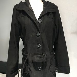 Black Wool Like Button & Belted Jacket